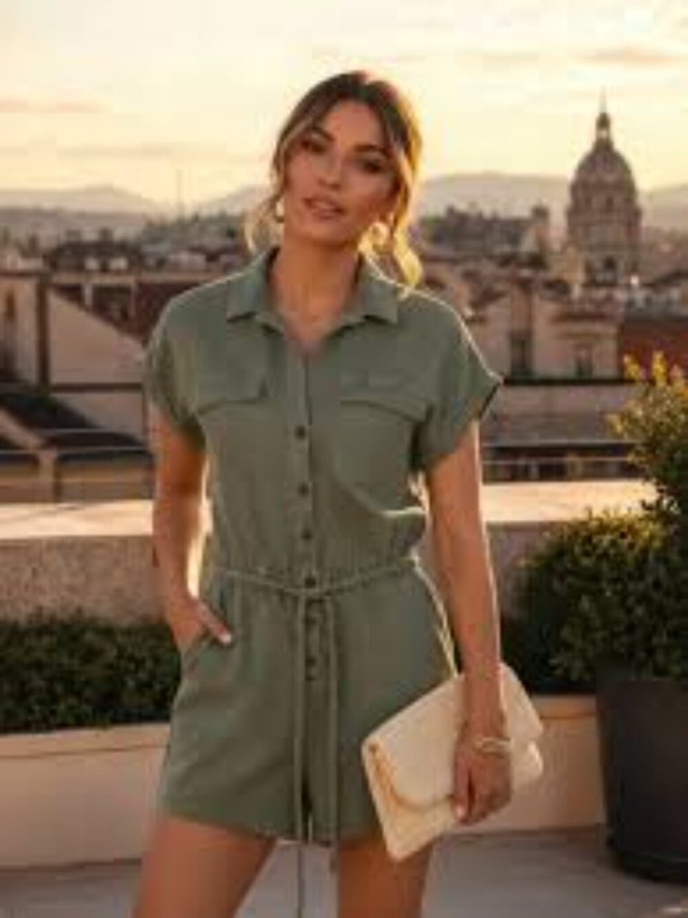 Nicole Miller Olive Green Button-Front Drawstring Romper Size Large